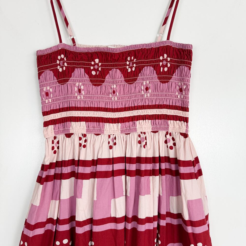 Madewell Theo Sleeveless Shirred Midi Dress in Geodaisy Batik Pink Red - M - Picture 3 of 11